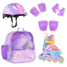 Набор роликовые коньки раздвижные FLORET White Pink Blue, шлем, набор защиты, в сумке (M: 35-38)